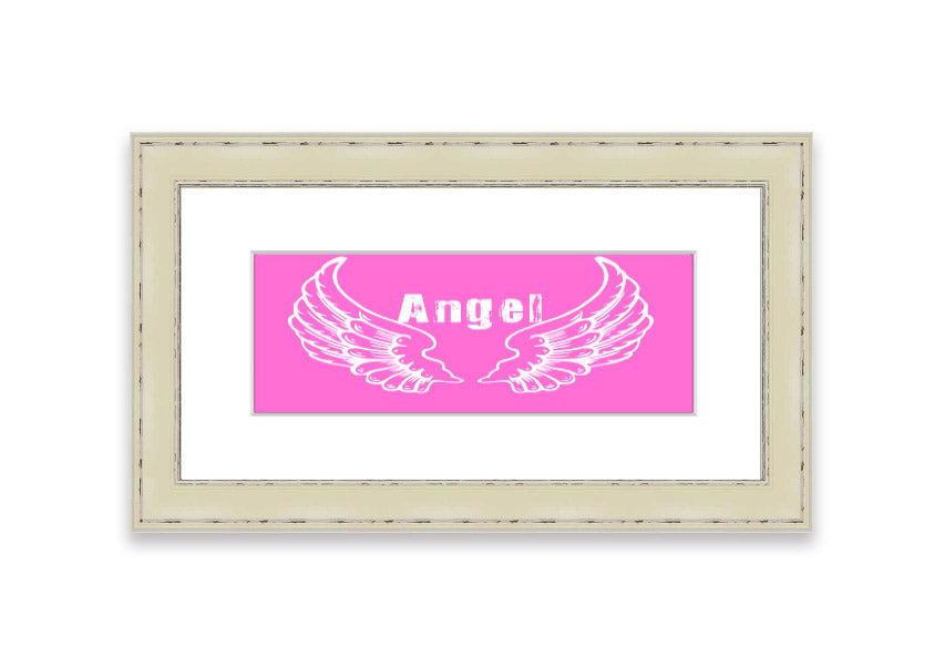 Framed print of Angel Wings 2 in vivid pink, showcasing intricate details and vibrant colors, ready to hang.