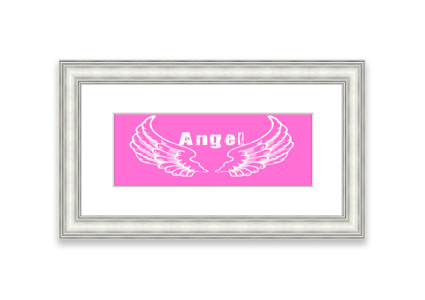 Framed print of Angel Wings 2 in vivid pink, showcasing intricate details and vibrant colors, ready to hang.