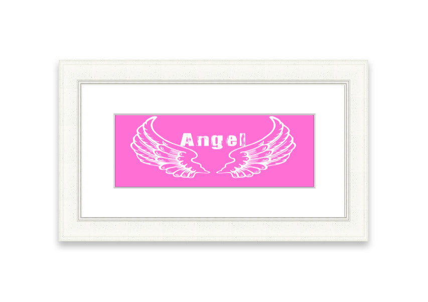 Framed print of Angel Wings 2 in vivid pink, showcasing intricate details and vibrant colors, ready to hang.