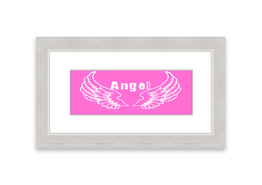 Framed print of Angel Wings 2 in vivid pink, showcasing intricate details and vibrant colors, ready to hang.