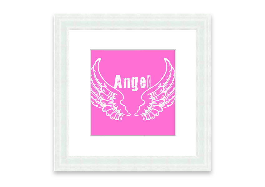 Framed print of Angel Wings 2 in vivid pink, showcasing intricate details and vibrant colors, ready to hang.