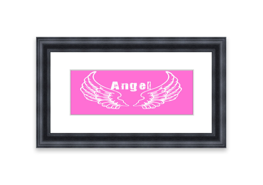Framed print of Angel Wings 2 in vivid pink, showcasing intricate details and vibrant colors, ready to hang.