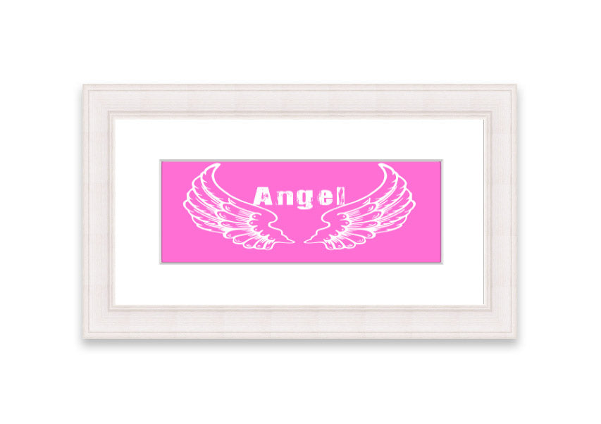 Framed print of Angel Wings 2 in vivid pink, showcasing intricate details and vibrant colors, ready to hang.