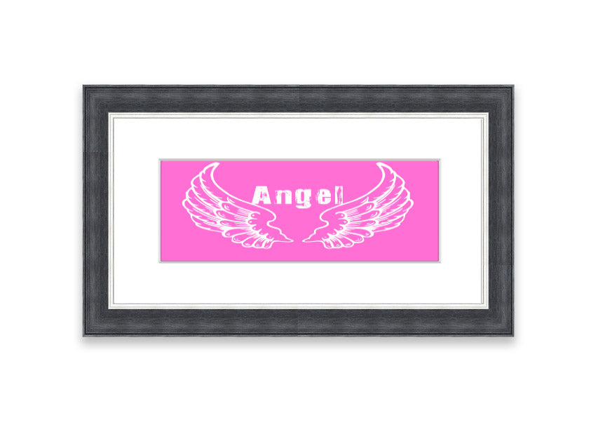 Framed print of Angel Wings 2 in vivid pink, showcasing intricate details and vibrant colors, ready to hang.