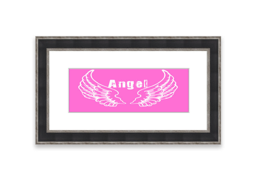 Framed print of Angel Wings 2 in vivid pink, showcasing intricate details and vibrant colors, ready to hang.