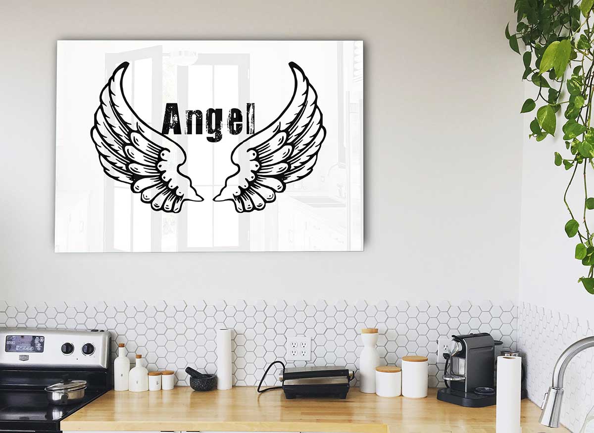 Angel Wings 2 White glass print featuring elegant white angel wings design, perfect for modern home decor.