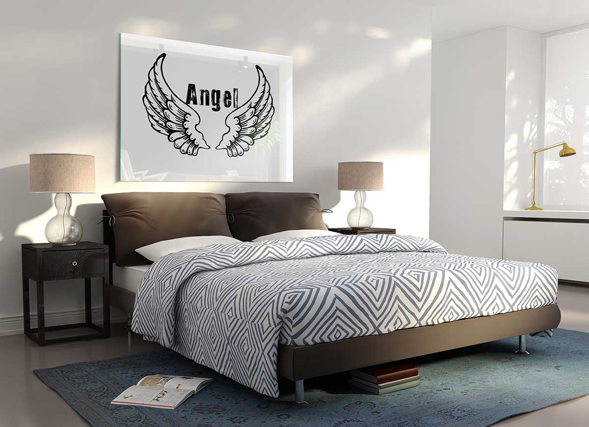 Angel Wings 2 White glass print featuring elegant white angel wings design, perfect for modern home decor.