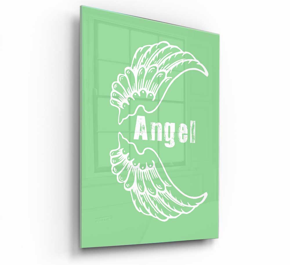 Angel Wings 3 Green glass print featuring intricate wing designs in vibrant green hues, perfect for modern decor.