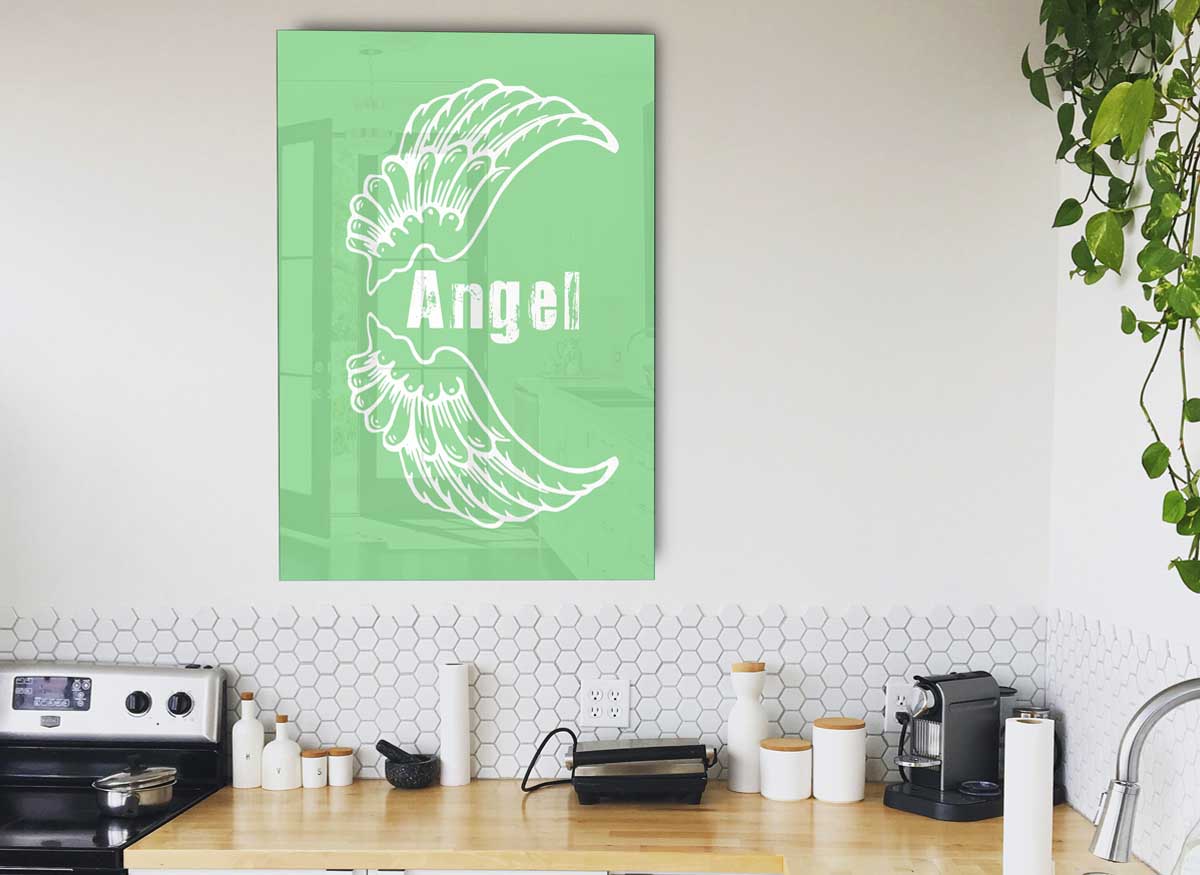 Angel Wings 3 Green glass print featuring intricate wing designs in vibrant green hues, perfect for modern decor.