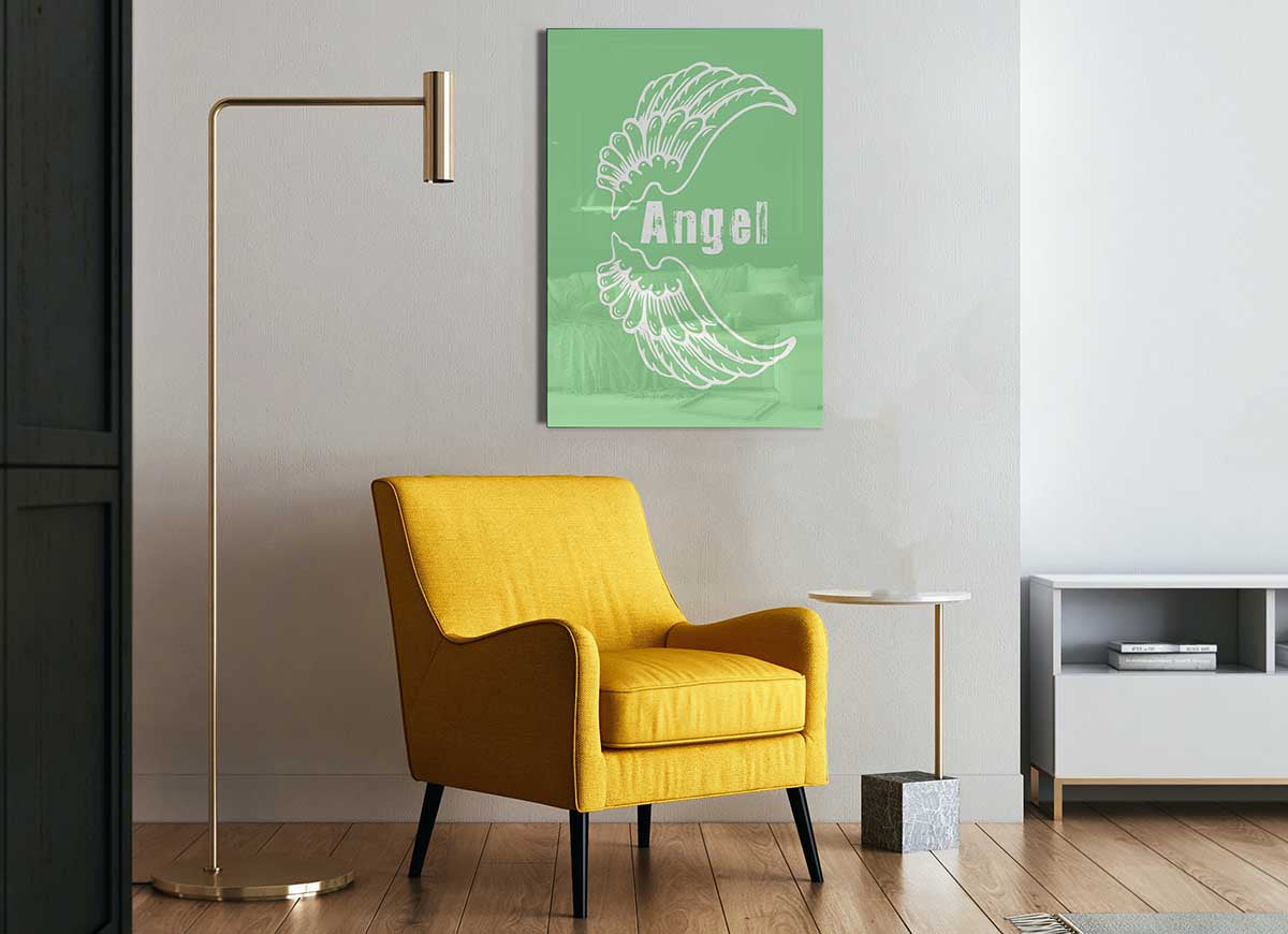 Angel Wings 3 Green glass print featuring intricate wing designs in vibrant green hues, perfect for modern decor.