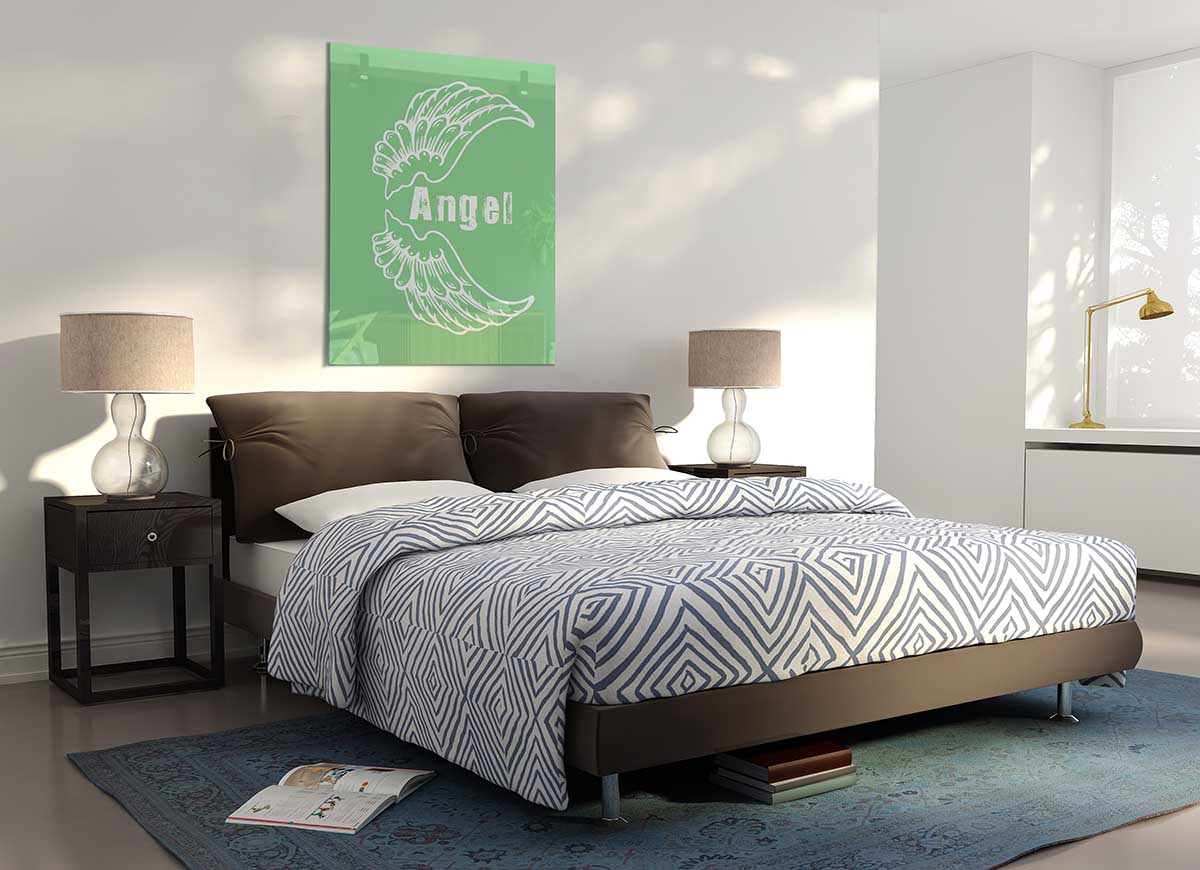 Angel Wings 3 Green glass print featuring intricate wing designs in vibrant green hues, perfect for modern decor.