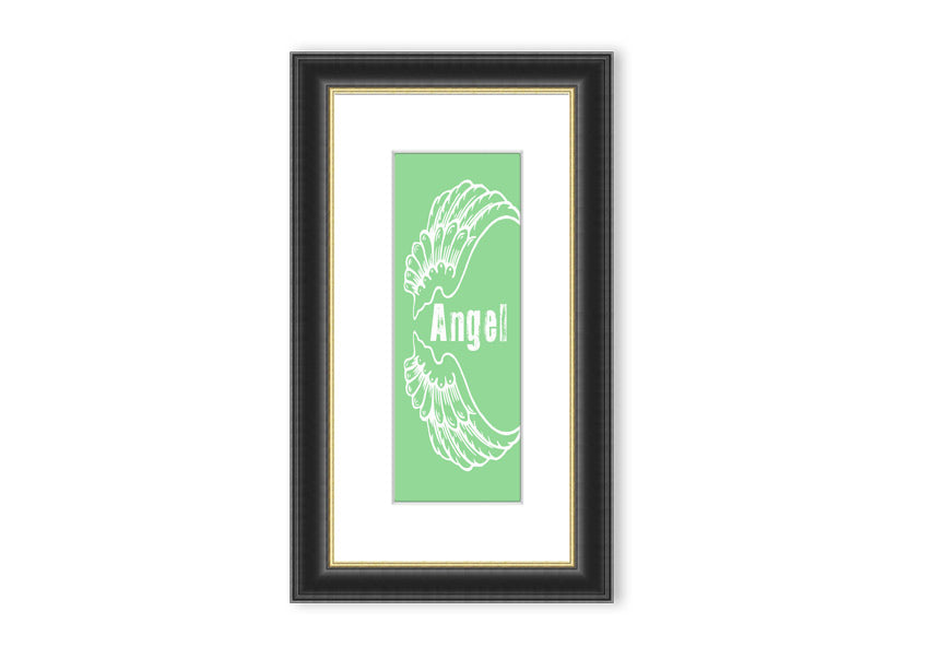 Framed print of Angel Wings 3 Green design, showcasing elegant wings in a soothing green color, ready to hang.