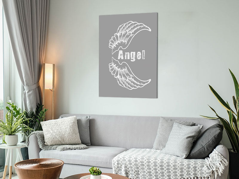 Angel Wings 3 Grey White artwork printed on brushed aluminium dibond, featuring elegant grey and white tones.