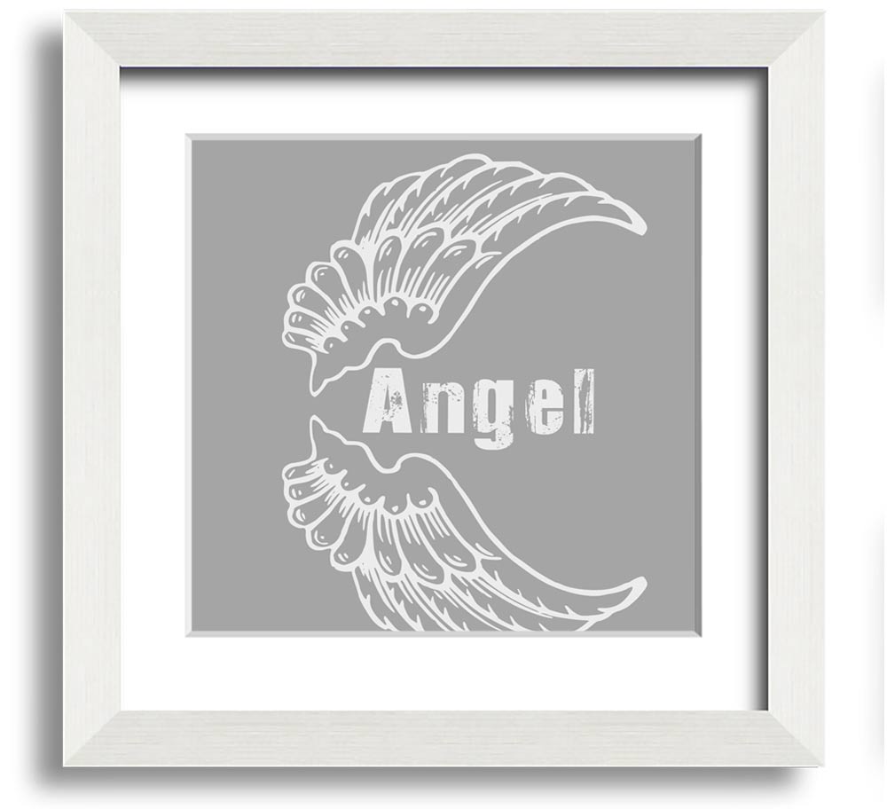 Angel Wings 3 Grey White Square Framed Print showcasing delicate grey and white wings in a stylish frame.