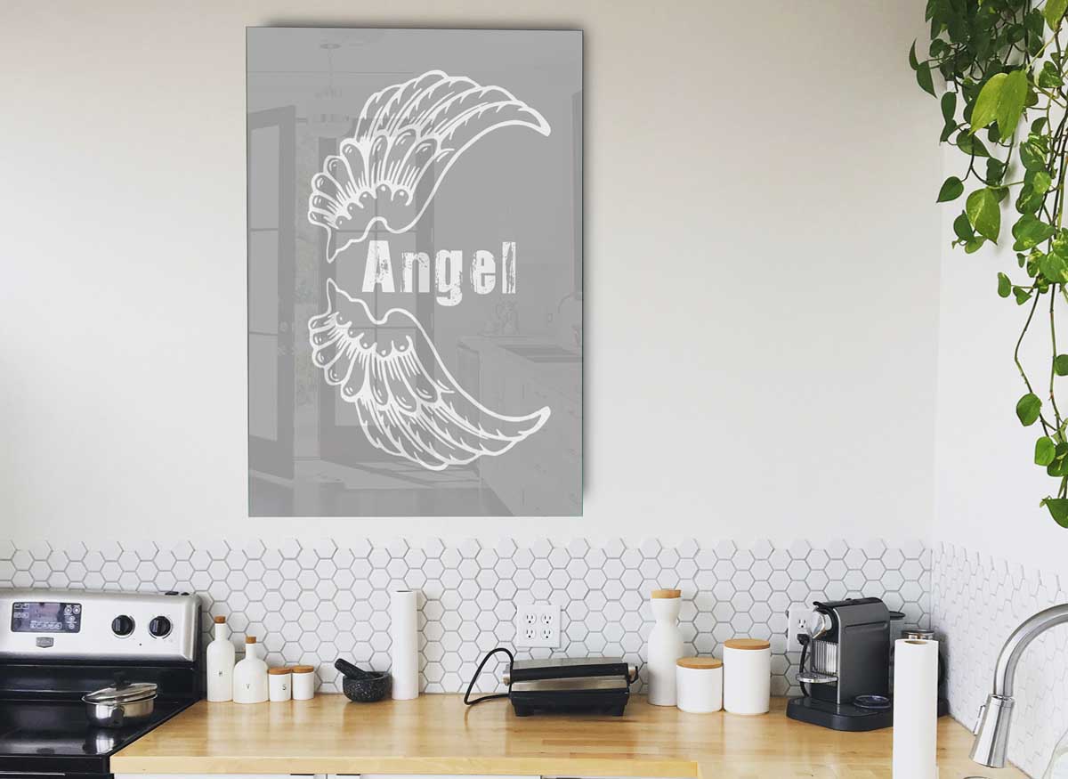 Angel Wings 3 Grey White glass print featuring elegant angel wing design in grey and white colors, perfect for modern home decor.