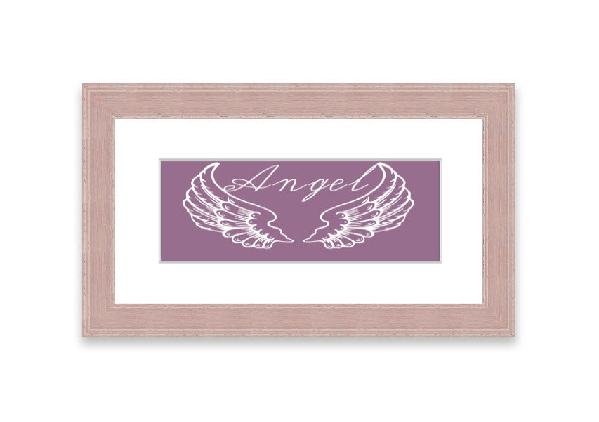 Angel Wings 4 Dusty Pink framed print showcasing delicate angel wings in a soft dusty pink color, elegantly framed and ready to hang.