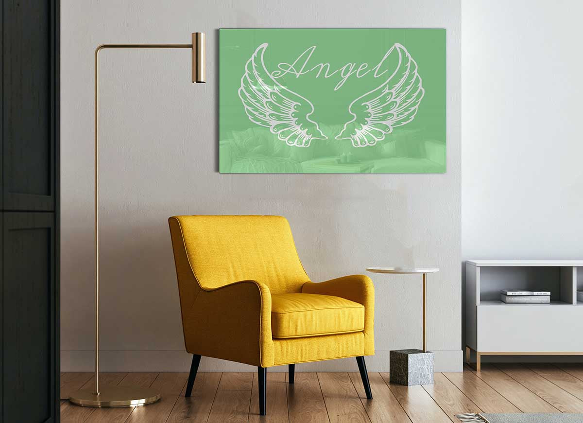 Angel Wings 4 Green glass print featuring vibrant green angel wings design, perfect for modern home decor.