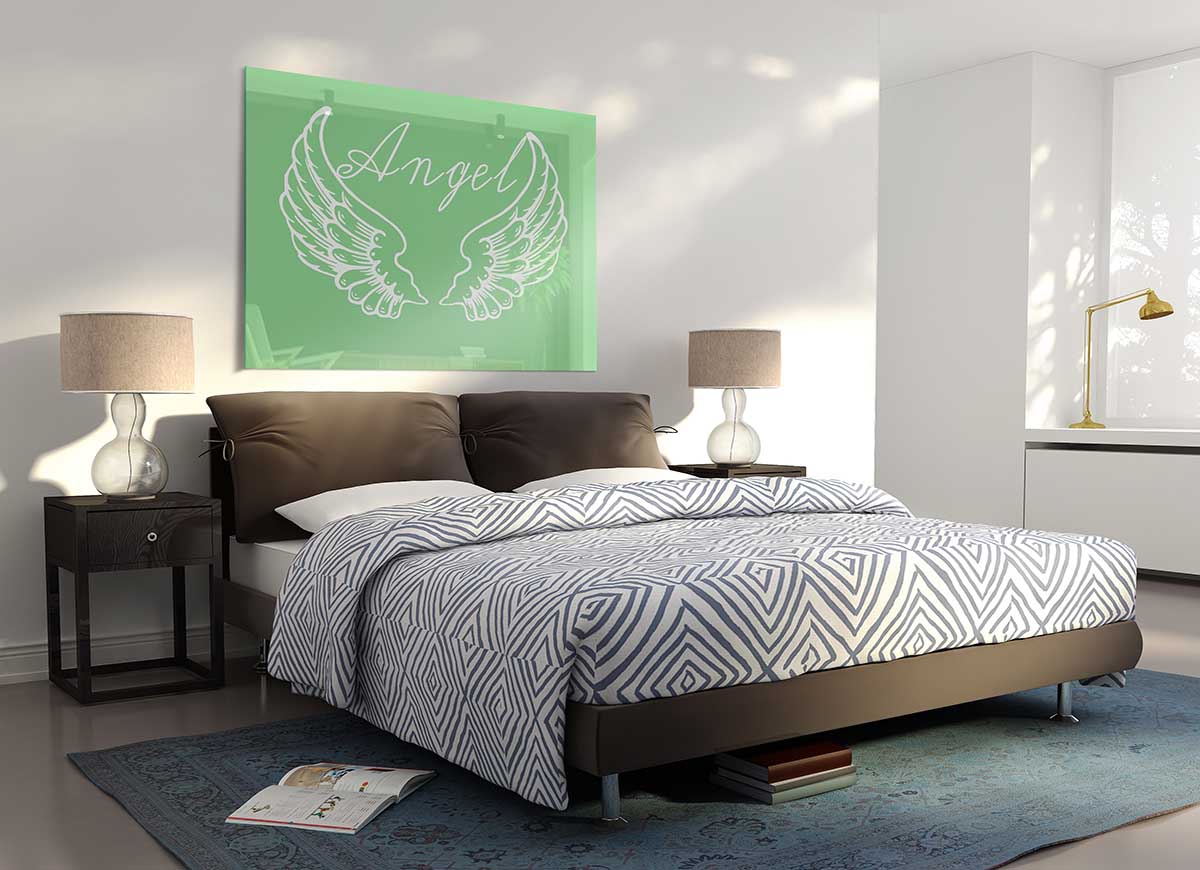 Angel Wings 4 Green glass print featuring vibrant green angel wings design, perfect for modern home decor.