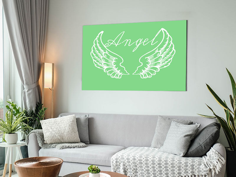 Angel Wings 4 Green artwork printed on brushed aluminium dibond, featuring vibrant green hues and a modern design.