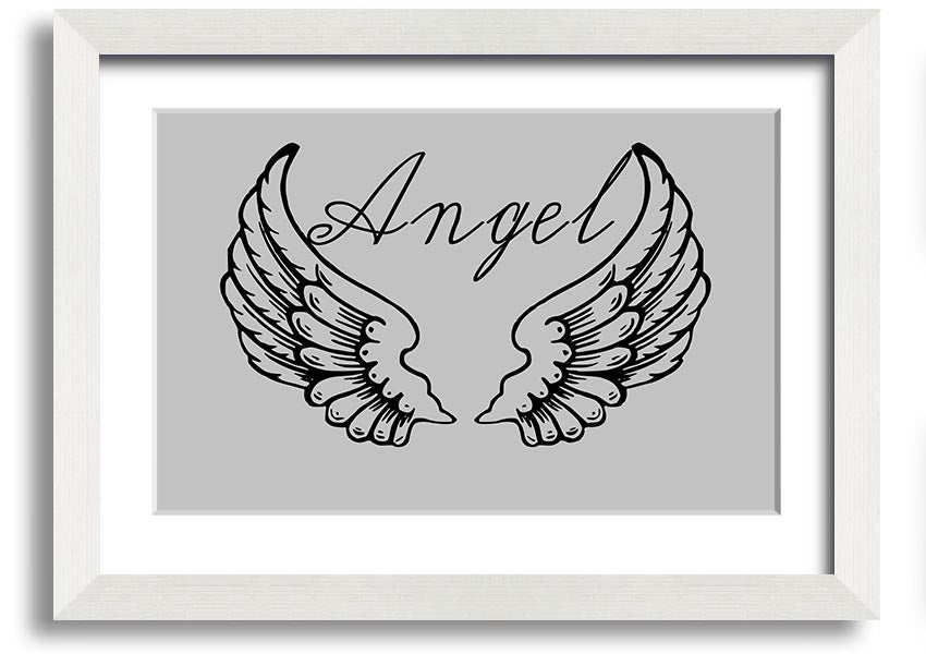 Framed print of angel wings in grey, elegantly designed and ready to hang.
