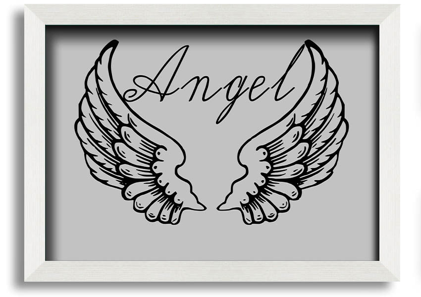 Framed print of angel wings in grey, elegantly designed and ready to hang.