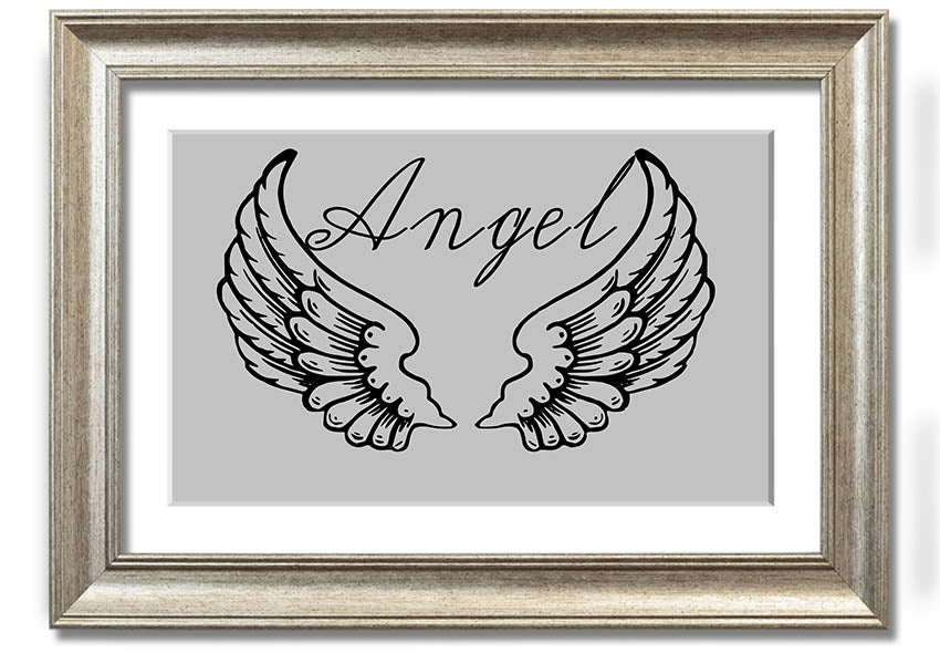 Framed print of angel wings in grey, elegantly designed and ready to hang.