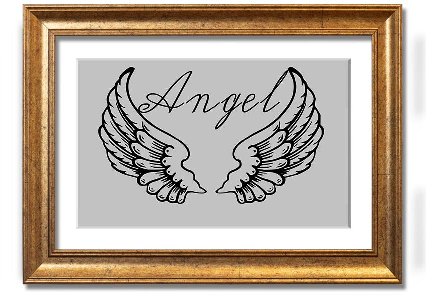 Framed print of angel wings in grey, elegantly designed and ready to hang.