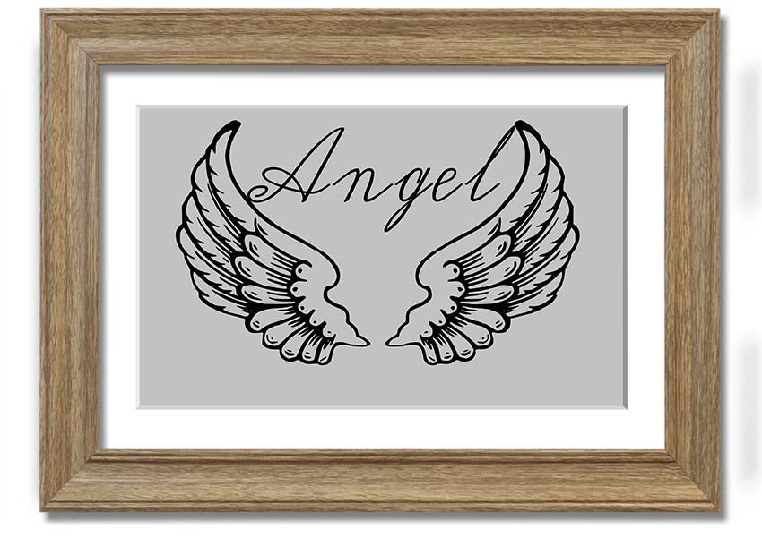 Framed print of angel wings in grey, elegantly designed and ready to hang.
