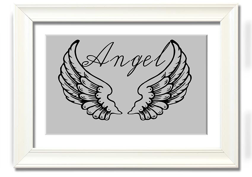 Framed print of angel wings in grey, elegantly designed and ready to hang.
