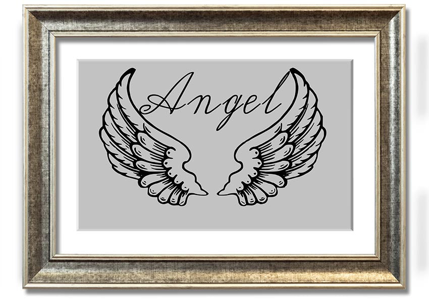 Framed print of angel wings in grey, elegantly designed and ready to hang.