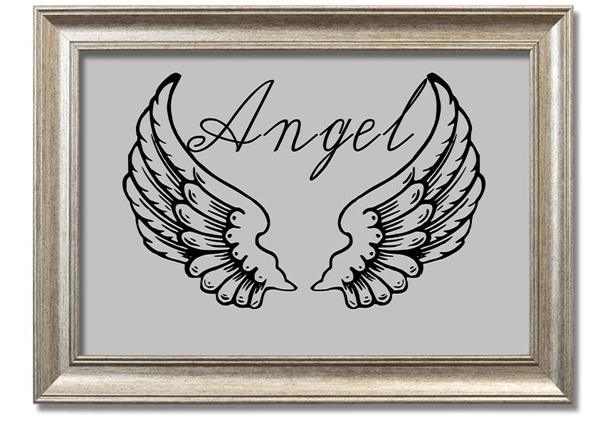 Framed print of angel wings in grey, elegantly designed and ready to hang.