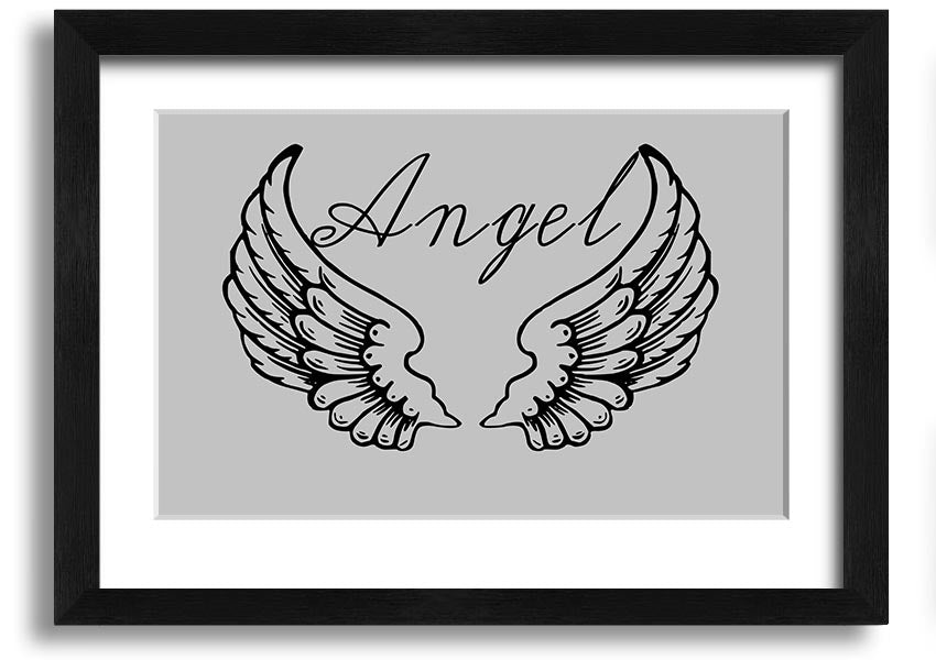 Framed print of angel wings in grey, elegantly designed and ready to hang.