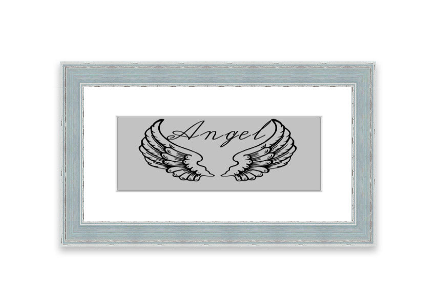 Angel Wings 4 Grey framed print showcasing delicate angel wings design, available in various frame colors.