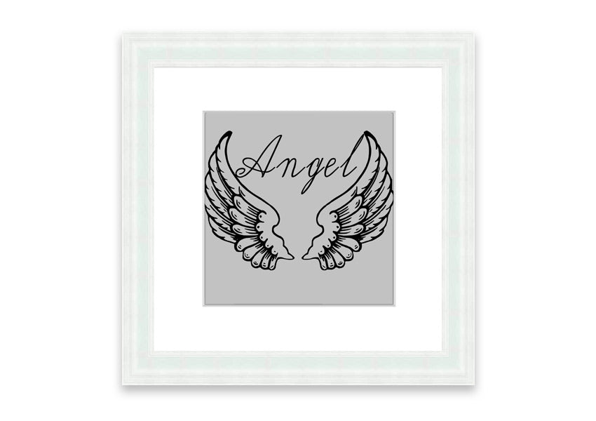 Angel Wings 4 Grey framed print showcasing delicate angel wings design, available in various frame colors.
