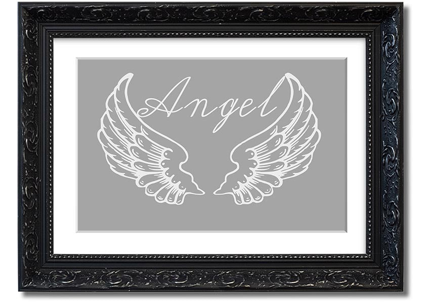 Framed print of angel wings in grey and white, elegantly designed and ready to hang.
