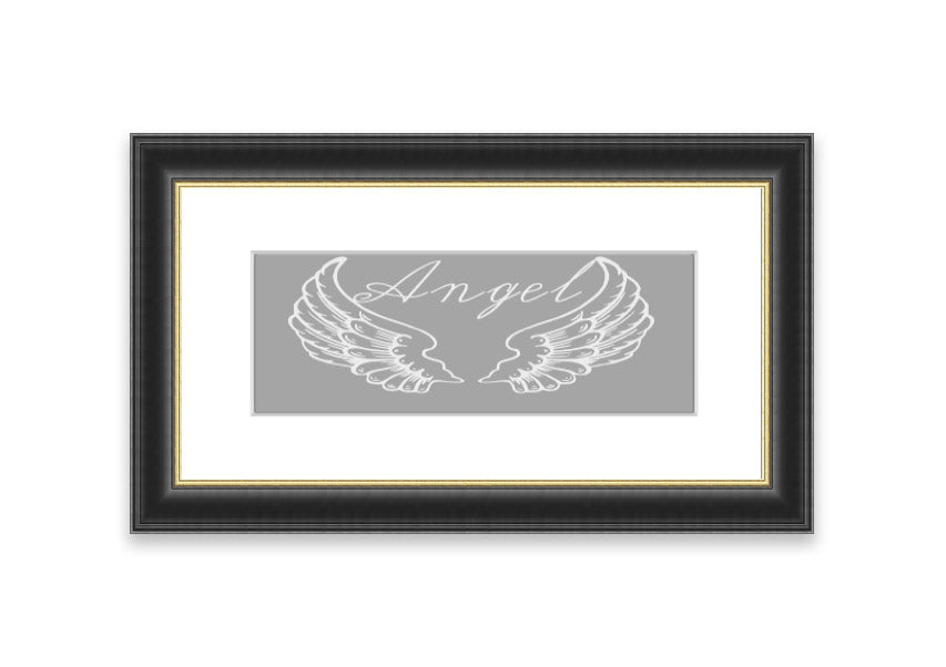 Framed print of angel wings in grey and white, elegantly designed and ready to hang.