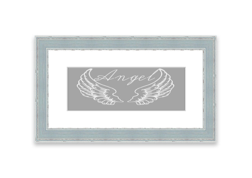 Framed print of angel wings in grey and white, elegantly designed and ready to hang.