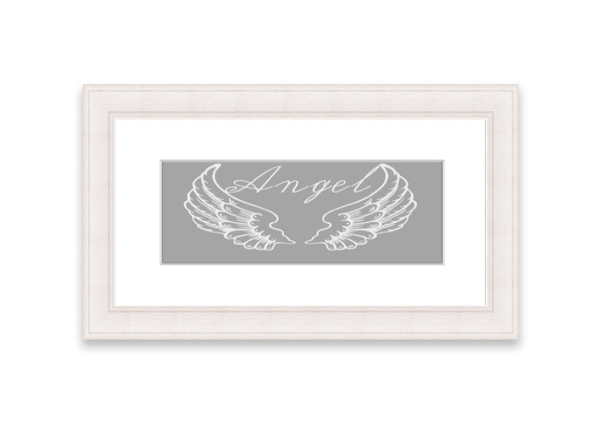 Framed print of angel wings in grey and white, elegantly designed and ready to hang.