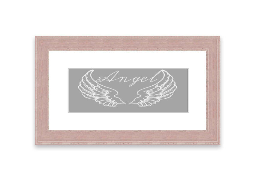 Framed print of angel wings in grey and white, elegantly designed and ready to hang.