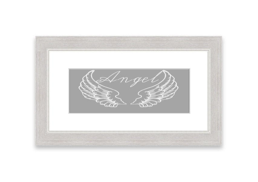 Framed print of angel wings in grey and white, elegantly designed and ready to hang.