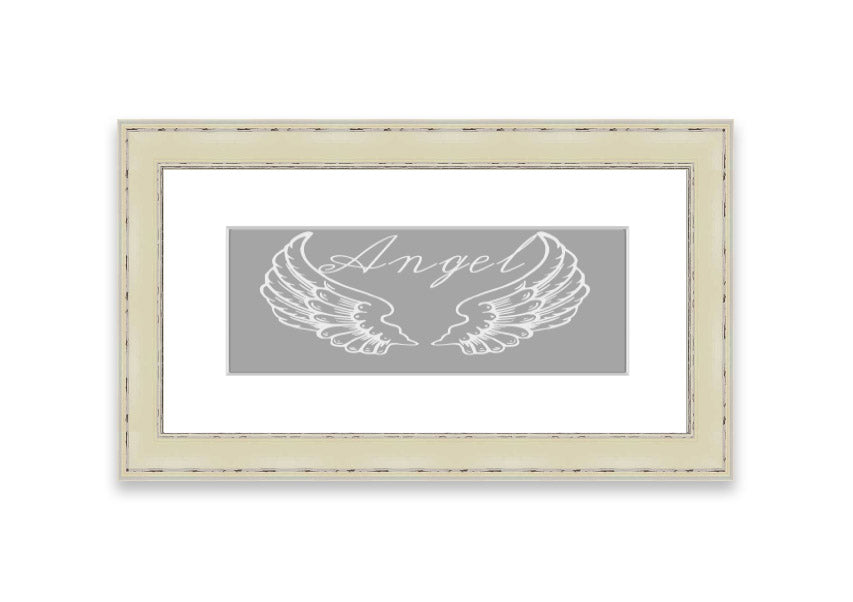 Framed print of angel wings in grey and white, elegantly designed and ready to hang.