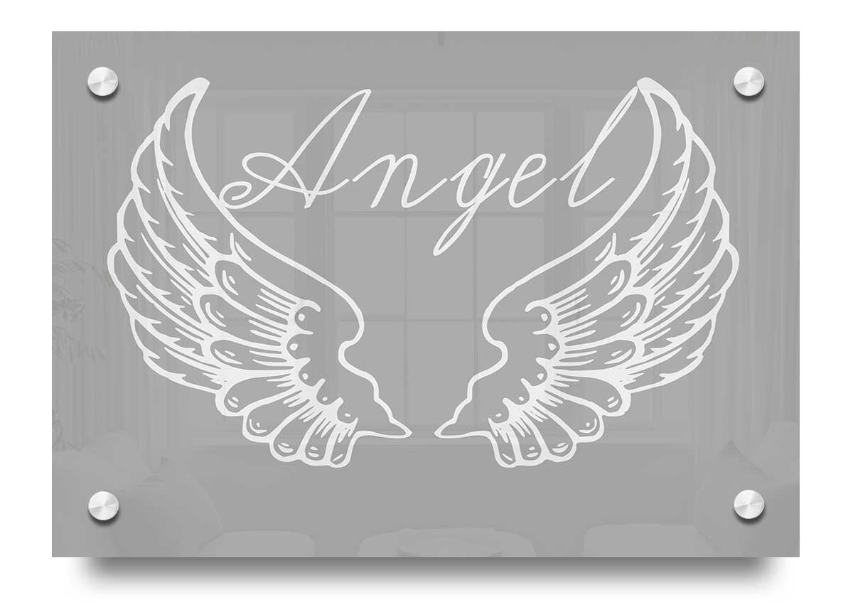 Angel Wings 4 Grey White acrylic print on a wall, showcasing elegant grey and white design.