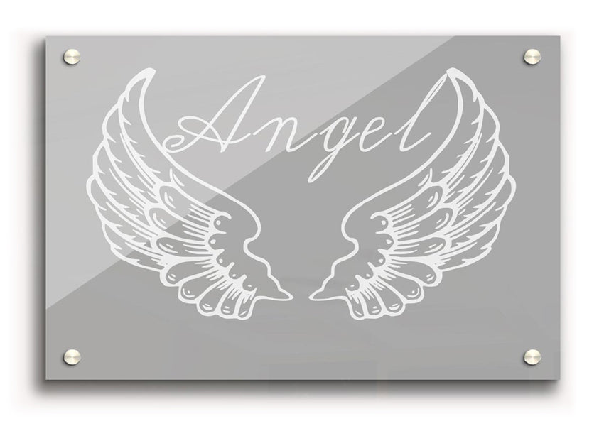 Angel Wings 4 Grey White acrylic print on a wall, showcasing elegant grey and white design.
