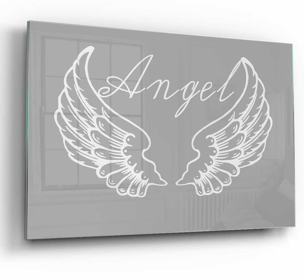 Angel Wings 4 Grey White glass print featuring elegant wings design in grey and white colors, perfect for modern home decor.