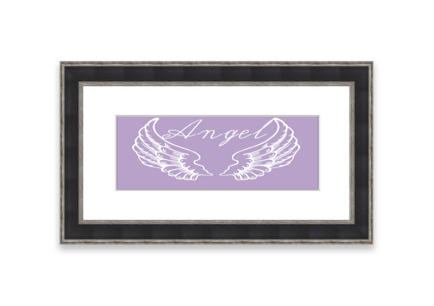 Framed print of angel wings in lilac color, elegantly designed and ready to hang.