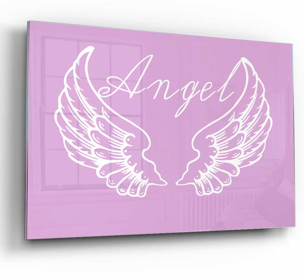 Angel Wings 4 Pink glass print featuring elegant pink angel wings on a modern glass surface, perfect for stylish home decor.
