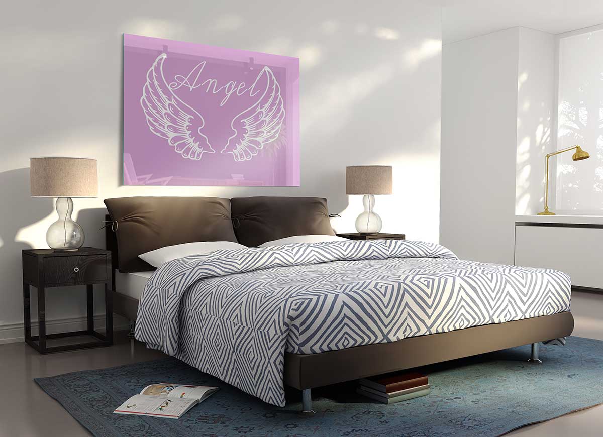 Angel Wings 4 Pink glass print featuring elegant pink angel wings on a modern glass surface, perfect for stylish home decor.