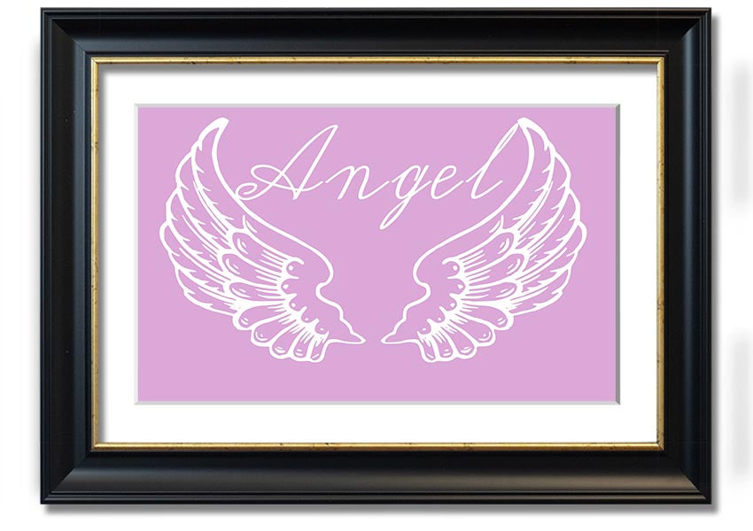 Framed print of delicate pink angel wings, handmade in the UK, ready to hang.