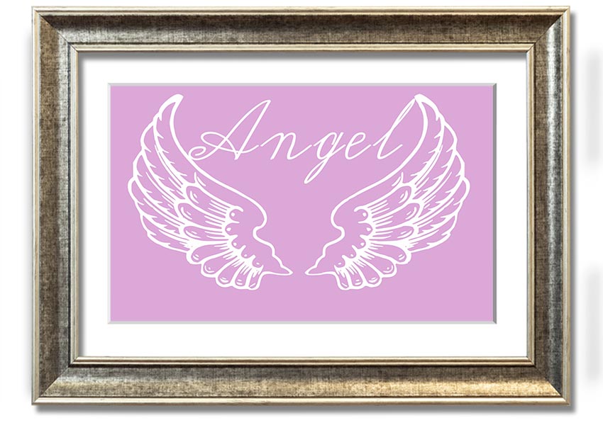 Framed print of delicate pink angel wings, handmade in the UK, ready to hang.