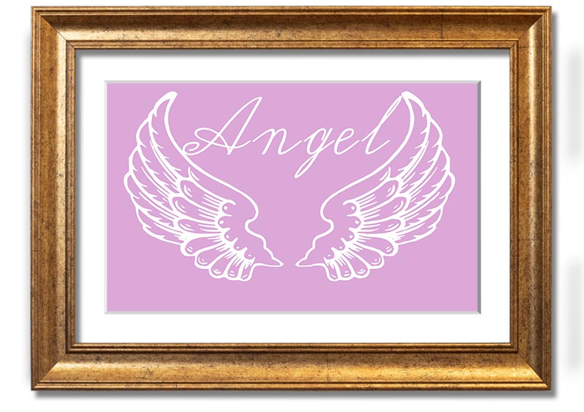 Framed print of delicate pink angel wings, handmade in the UK, ready to hang.
